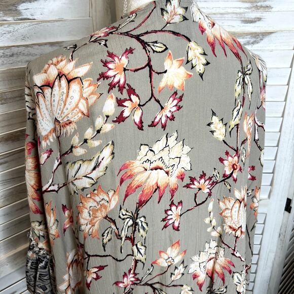ANGIE Women's Sm Open Front Kimono Top Floral Ruffle Tim Taupe Coral Oversized - Picture 7 of 16